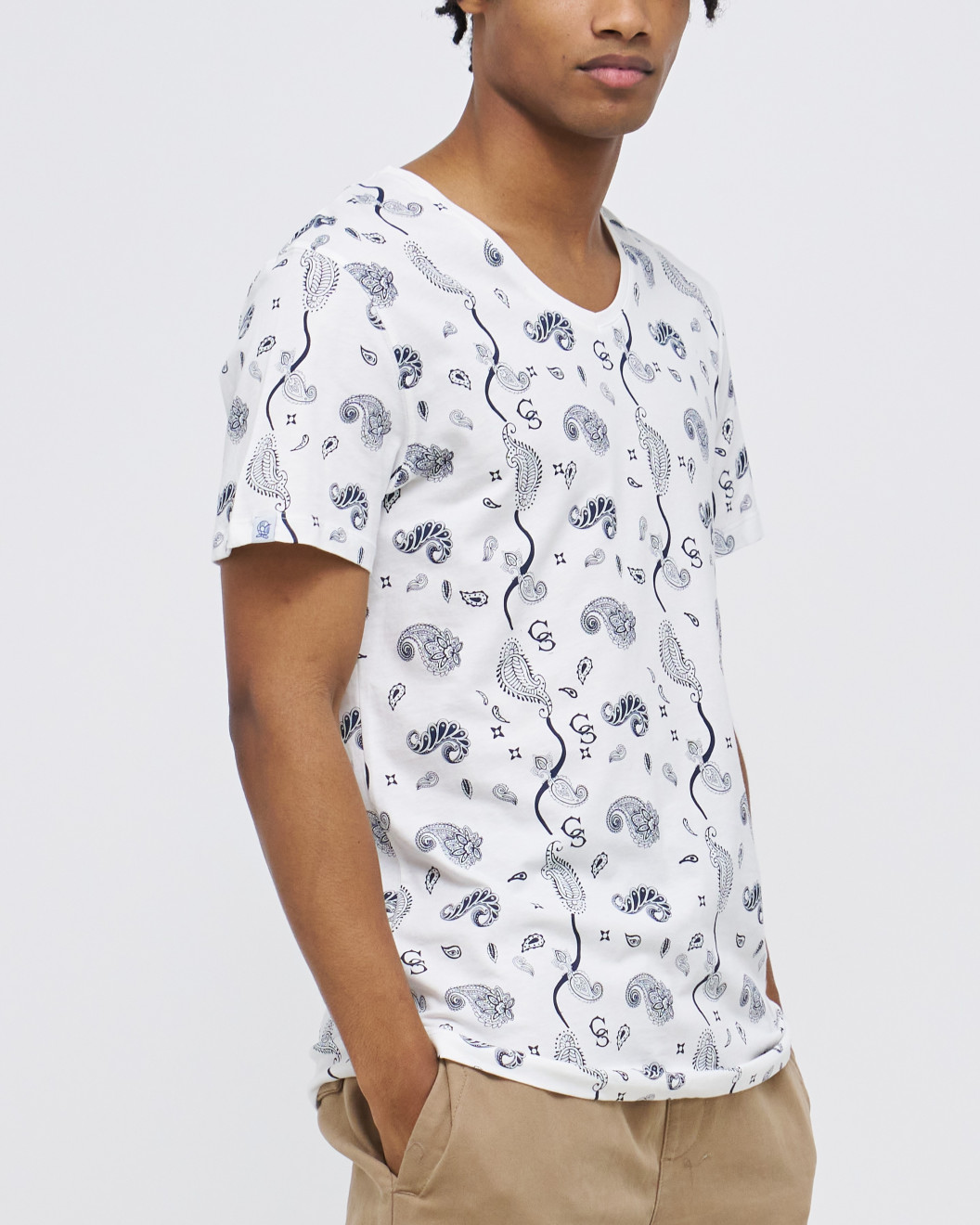 Men's White V-Neck Cotton Melange T-Shirt, with Casual Society CS Paisley Monogram Print