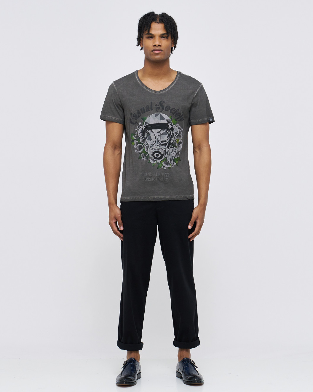 Men's Black Garment Dye Tee shirt, Gym-Fit, Low Neck, Fusilier LDN Poppy & FSLR Logo