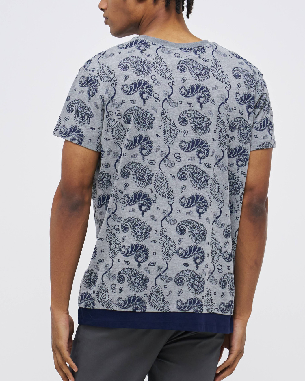 Men's Grey Melange Crew Neck T-Shirt, Casual Society Paisley Monogram Print & Velvet Logo