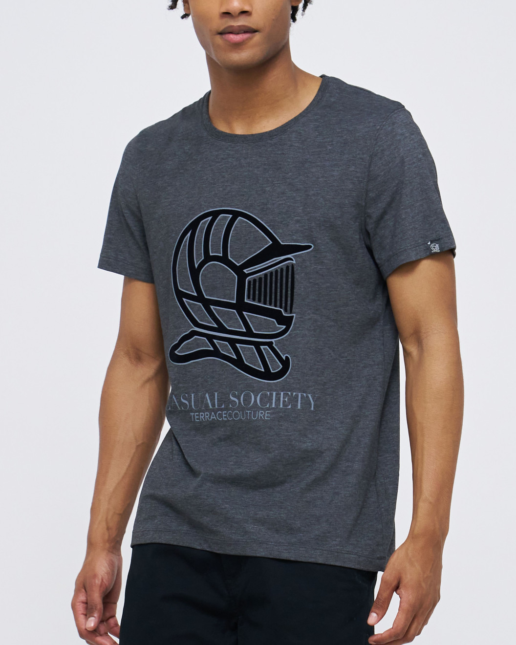 Men's Anthracite Grey Cotton Melange T-Shirt, with Classic Casual Society Logo in Black Flock Print