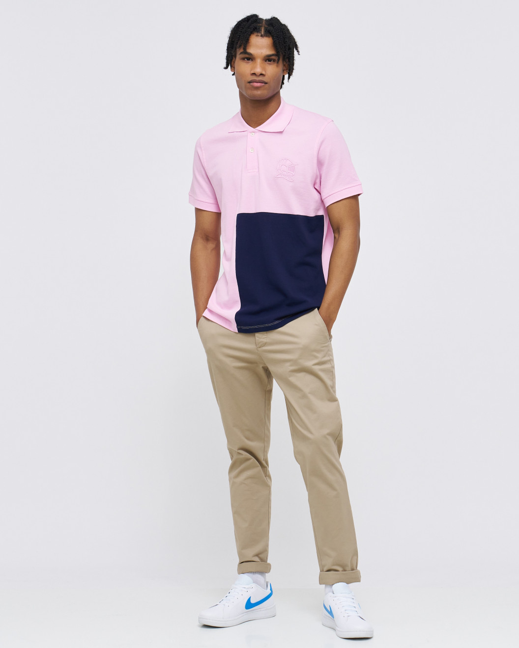 Men's Pink Polo, with Geometric Panel Tailoring and Casual Society Logo