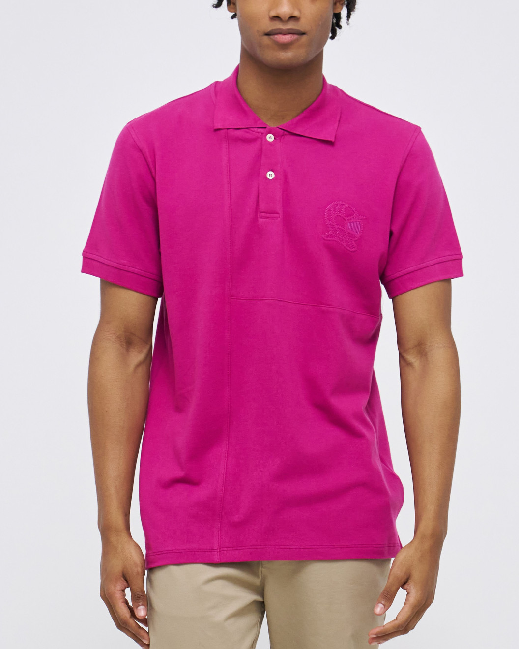 Men's Fuchsia Pink Polo, with contrast Geometric Panel and Casual Society Logo