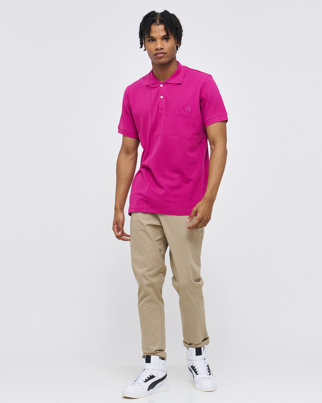 Men's Fuchsia Pink Polo, with contrast Geometric Panel and Casual Society Logo