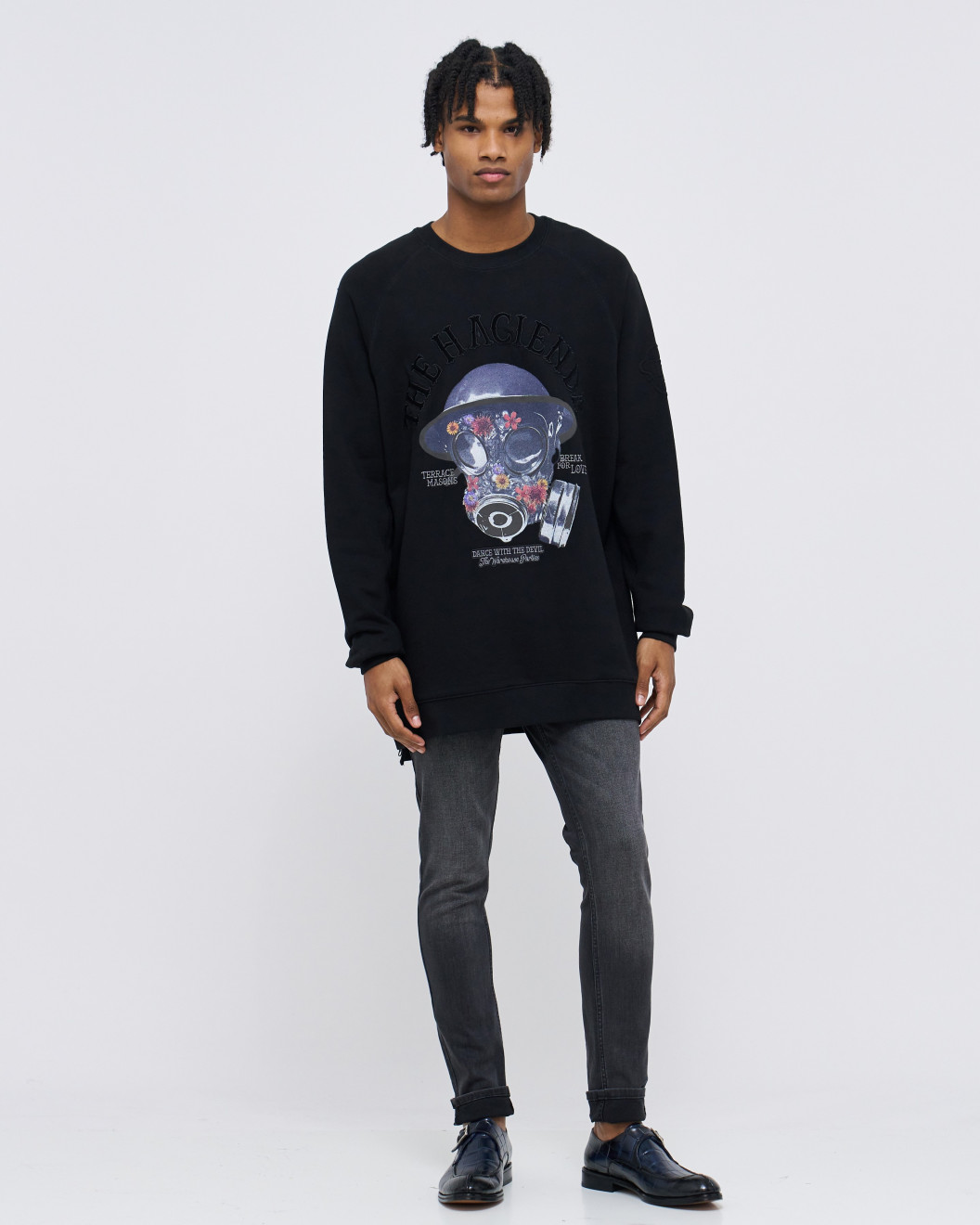 Men's Black Loop-Back Cotton Sweatshirt, with Casual Society Embossed Micro-Leather and Velvet Embroidery