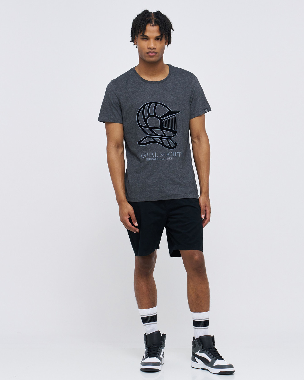 Men's Anthracite Grey Cotton Melange T-Shirt, with Classic Casual Society Logo in Black Flock Print