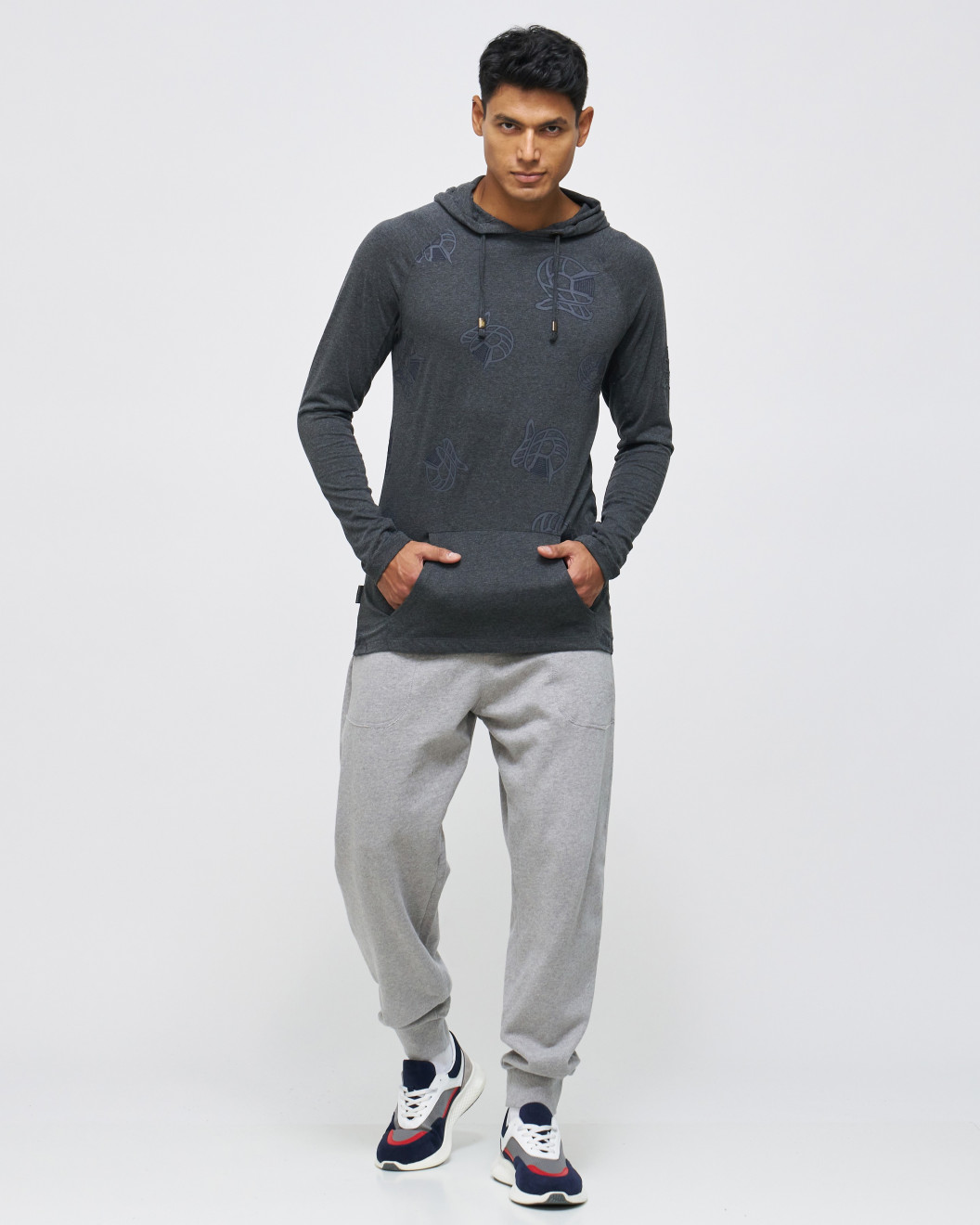 Men's Statue Grey, Hooded Henley, with Casual Society All-Over Rubber Print, Embossed Embroidery Logo