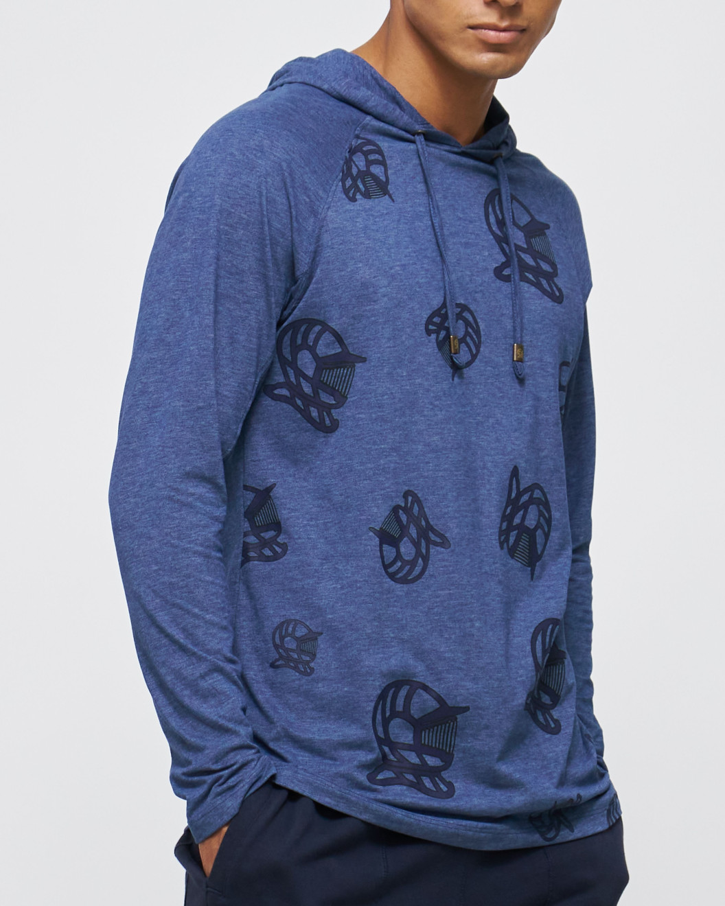 Men's Night Blue, Hooded Henley, with Casual Society All-Over Rubber Print, Embossed Embroidery Logo