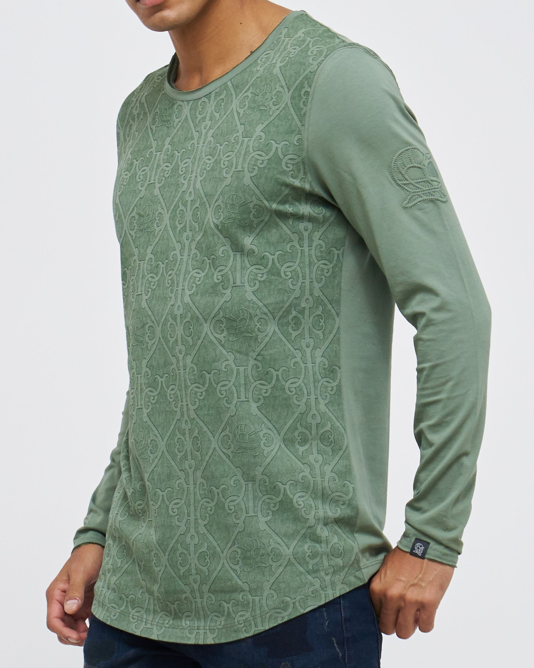 Men's Olive Green Cotton Henley Shirt, with Antique Barouque All-over Print on Front Panel