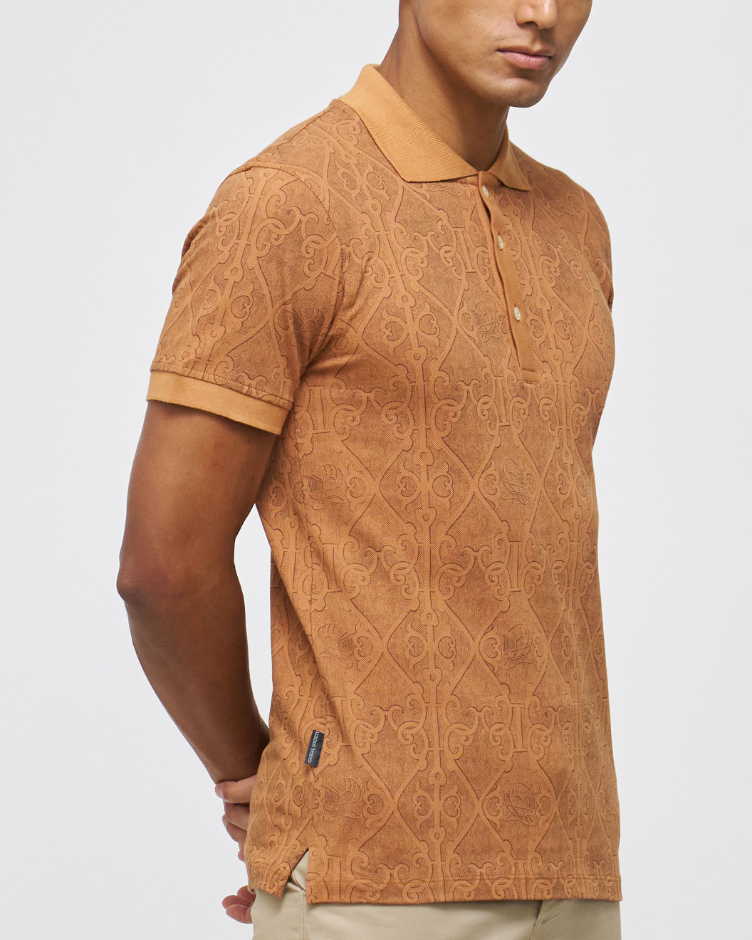 Men's Camel Pique Polo, with Antique Gate Print Featuring Casual Logo