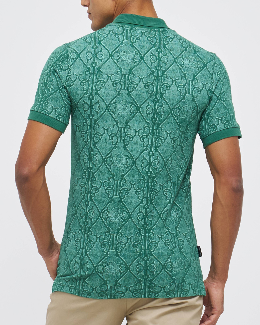 Men's Green Pique Polo, with Antique Gate Print Featuring Casual Logo