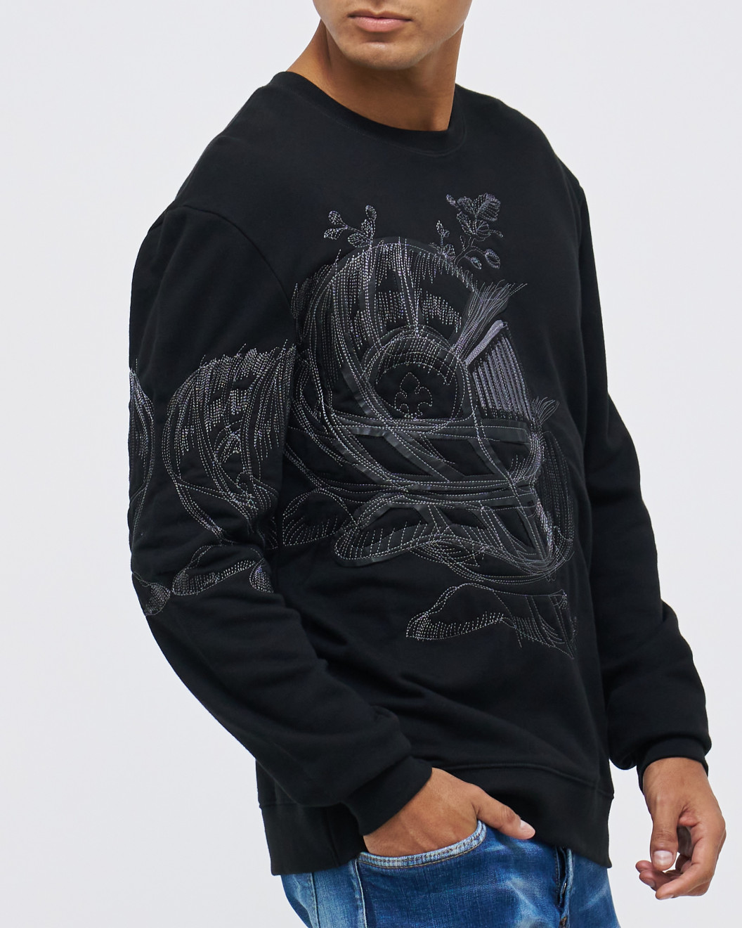 Men's Black Loop-Back Sweatshirt, with Casual Society Micro-Leather Applique Embossed Embroidery