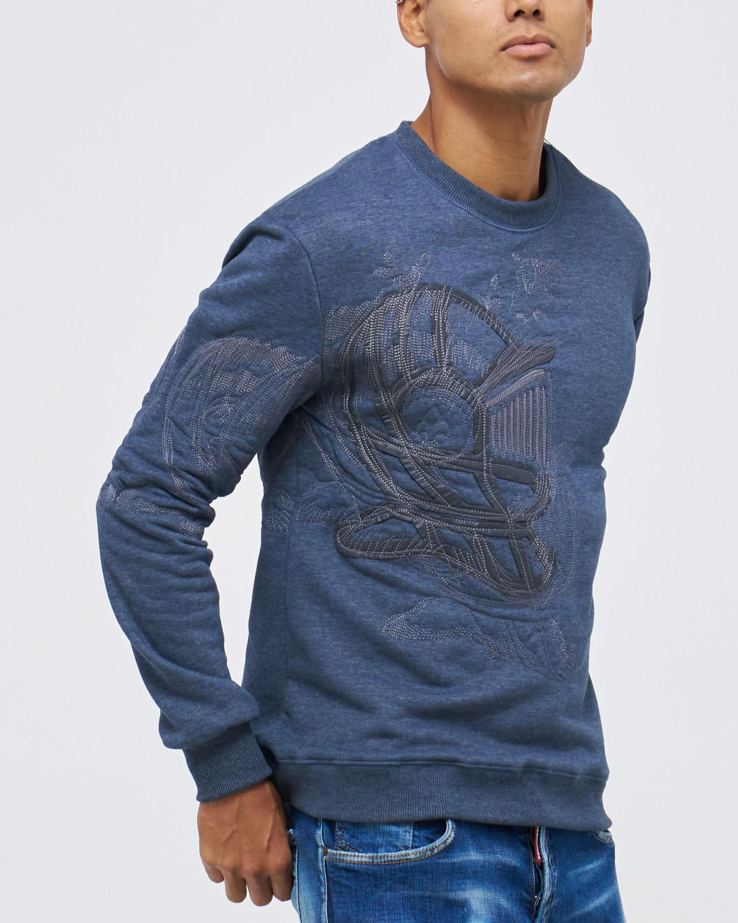 Men's Blue Loop-Back Sweatshirt, with Casual Society Micro-Leather, Applique Embossed Embroidery