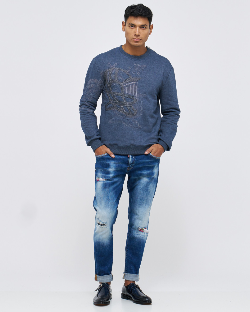 Men's Blue Loop-Back Sweatshirt, with Casual Society Micro-Leather, Applique Embossed Embroidery