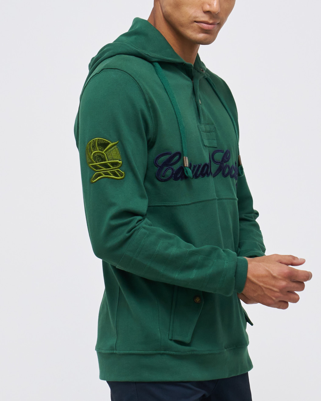 Men's Green Single Jersey Hoodie, with Casual Society Velvet Applique Embroidery