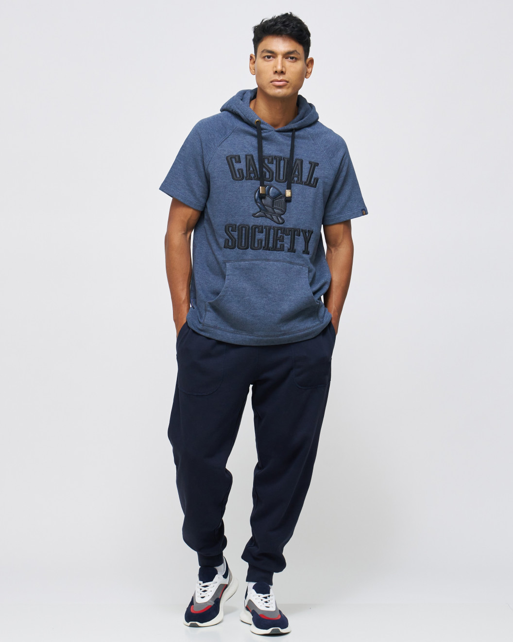 Men's Blue Loop-Back Cotton Sweatshirt Hoodie with Micro-Leather Embossed Applique Embroidery