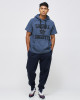 Men's Blue Loop-Back Cotton Sweatshirt Hoodie with Micro-Leather Embossed Applique Embroidery