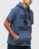 Men's Blue Loop-Back Cotton Sweatshirt Hoodie with Micro-Leather Embossed Applique Embroidery