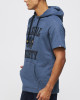 Men's Blue Loop-Back Cotton Sweatshirt Hoodie with Micro-Leather Embossed Applique Embroidery