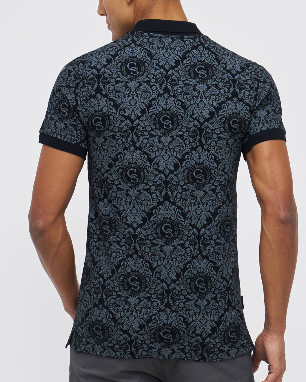 Men's Black Pique Polo, with Baroque Print and Casual Emboosed Society Logo