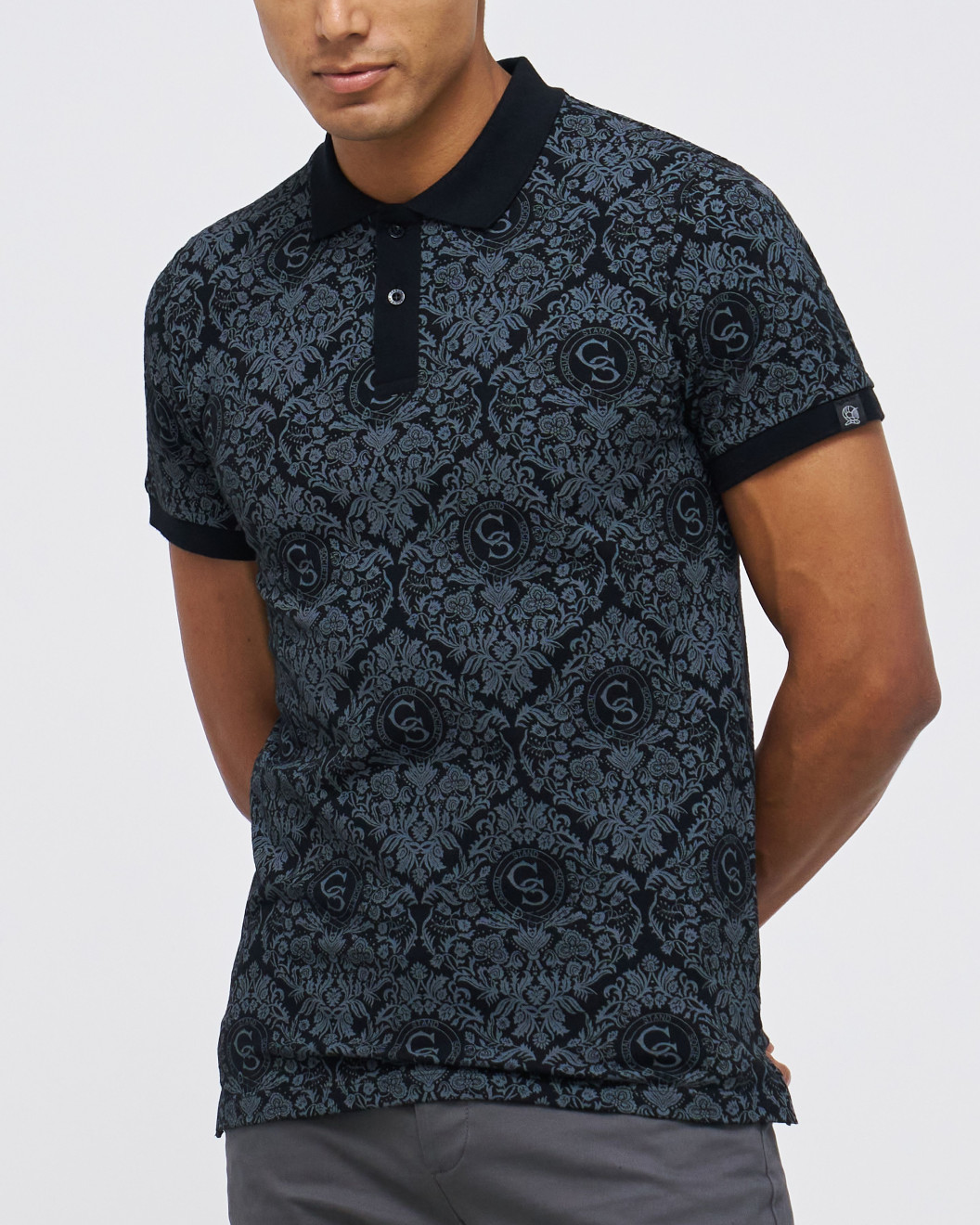 Men's Black Pique Polo, with Baroque Print and Casual Emboosed Society Logo