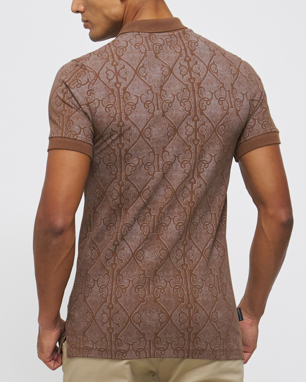 Men's Brown Pique Polo, with Antique Gate Print and Featuring Casual Society Logo