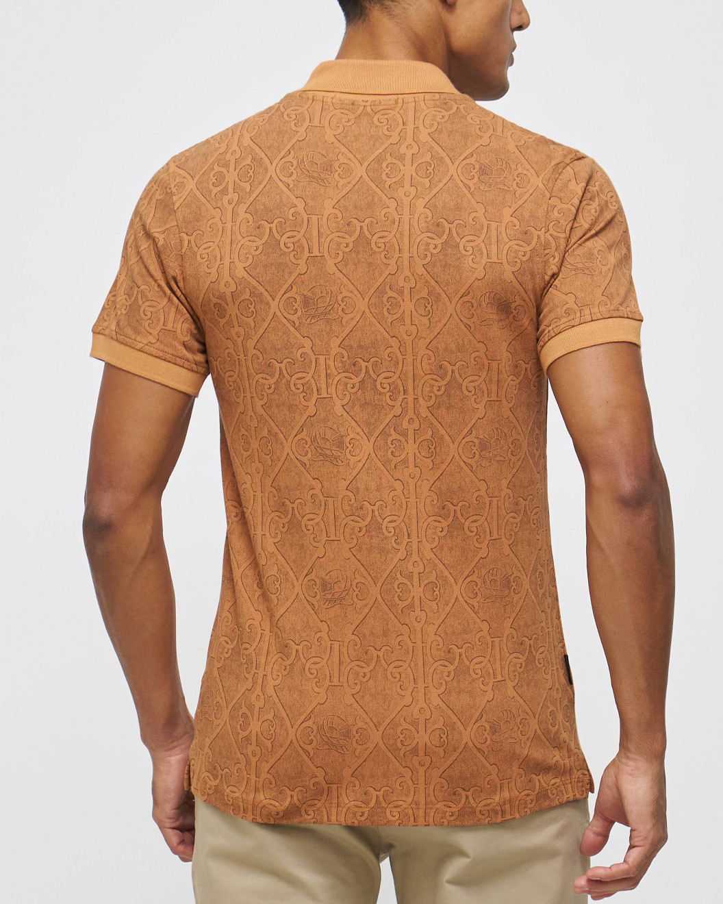 Men's Camel Pique Polo, with Antique Gate Print Featuring Casual Logo