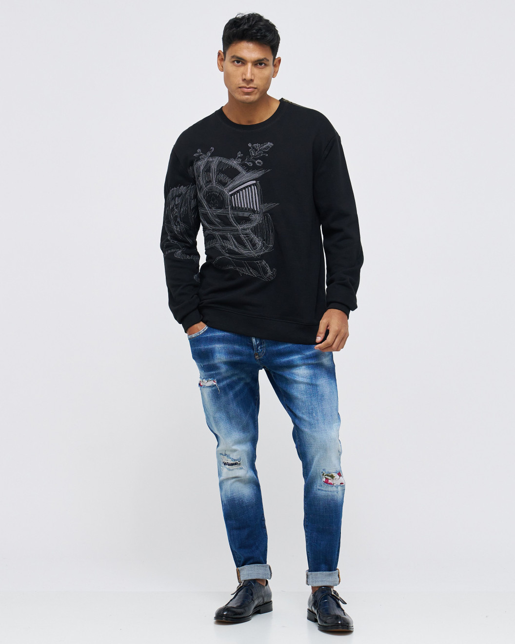 Men's Black Loop-Back Sweatshirt, with Casual Society Micro-Leather Applique Embossed Embroidery