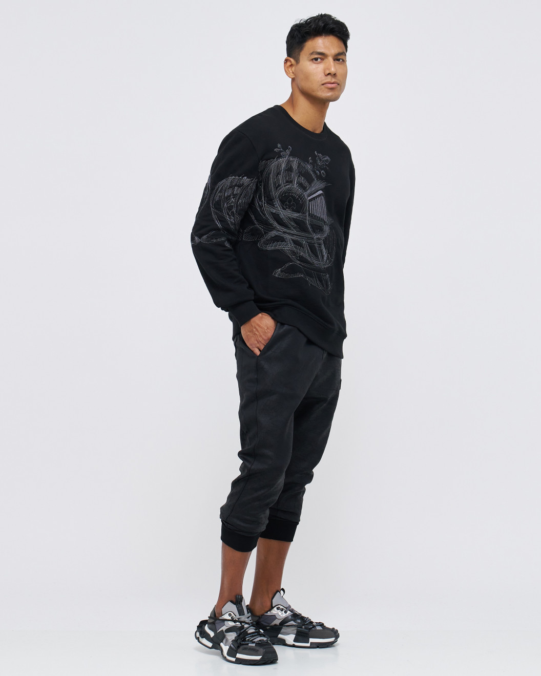 Men's Black Loop-Back Sweatshirt, with Casual Society Micro-Leather Applique Embossed Embroidery