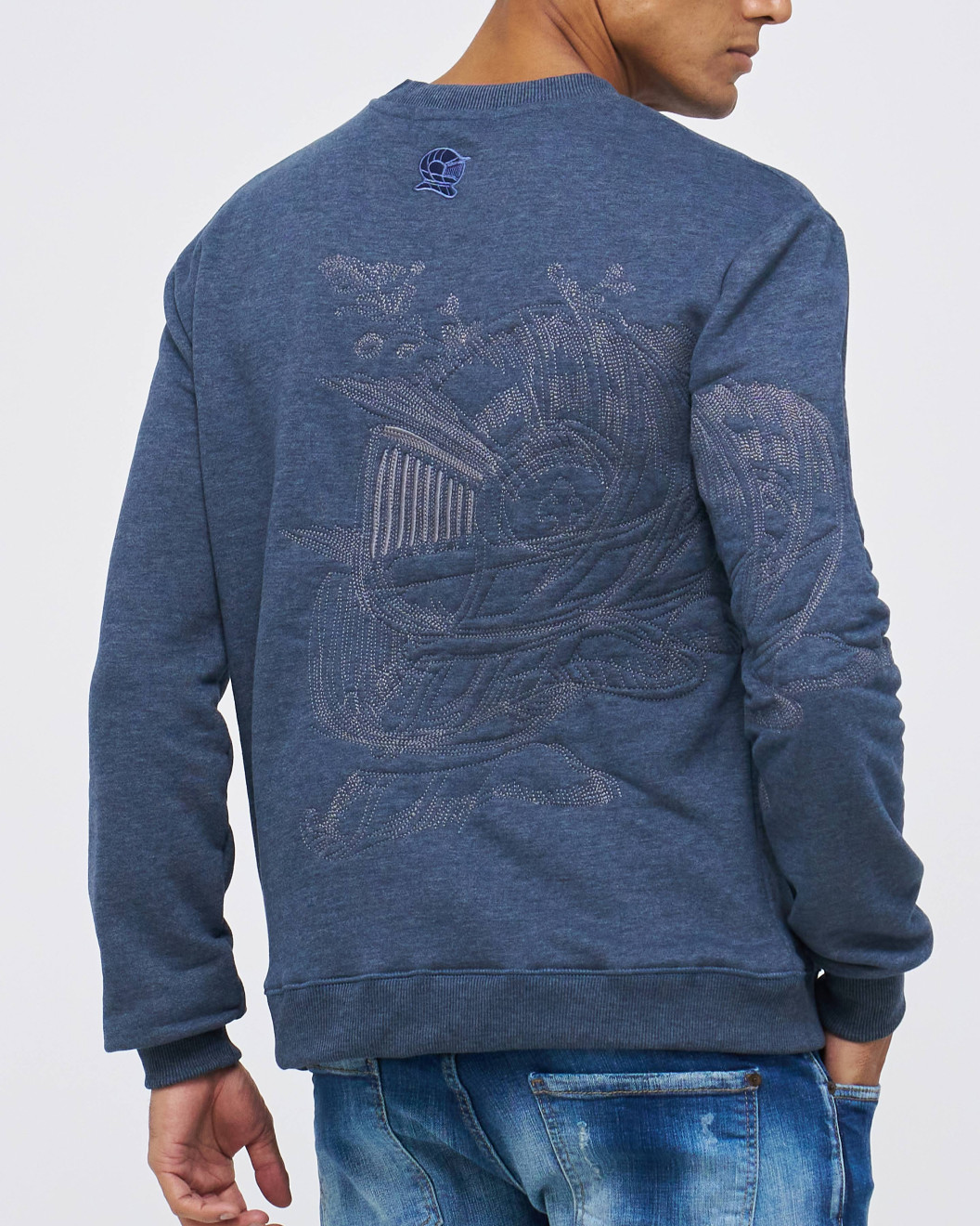 Men's Blue Loop-Back Sweatshirt, with Casual Society Micro-Leather, Applique Embossed Embroidery