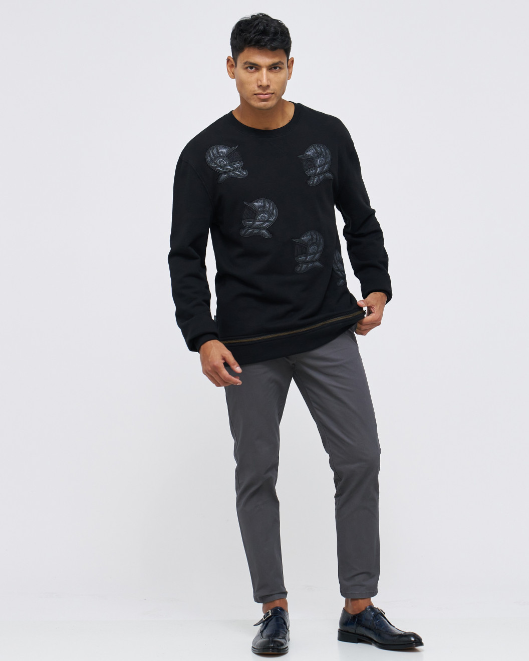 Men's Black Loop-Back Cotton Sweatshirt, with Casual Society Micro-Leather Embroidery