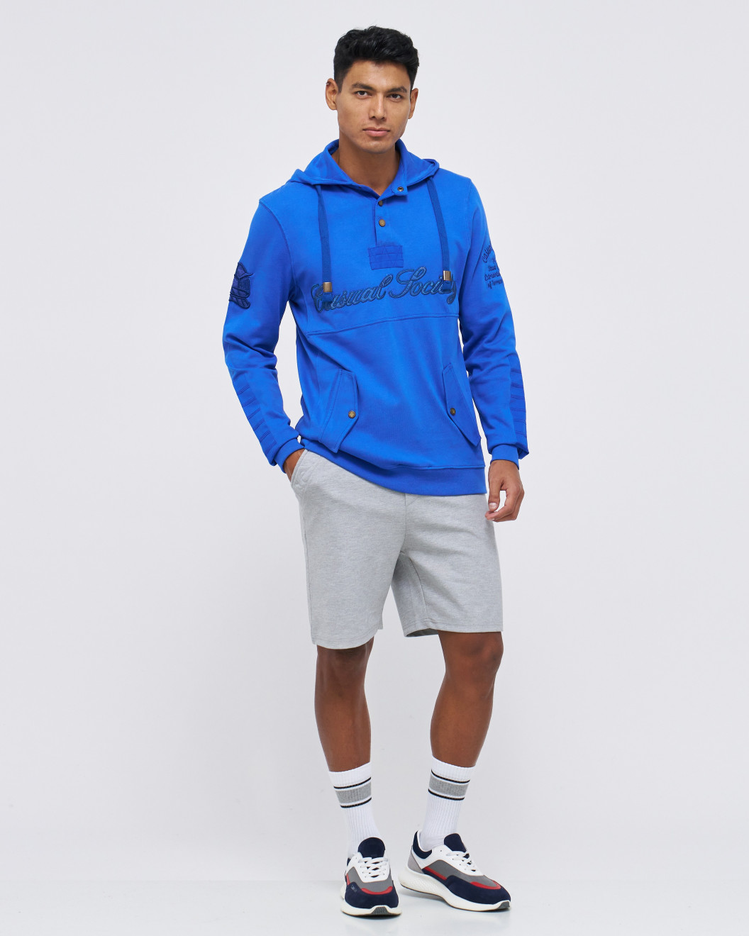 Men's Blue Single Jersey Hoodie, with Casual Society Micro-Laminate, Velvet Applique Embroidery