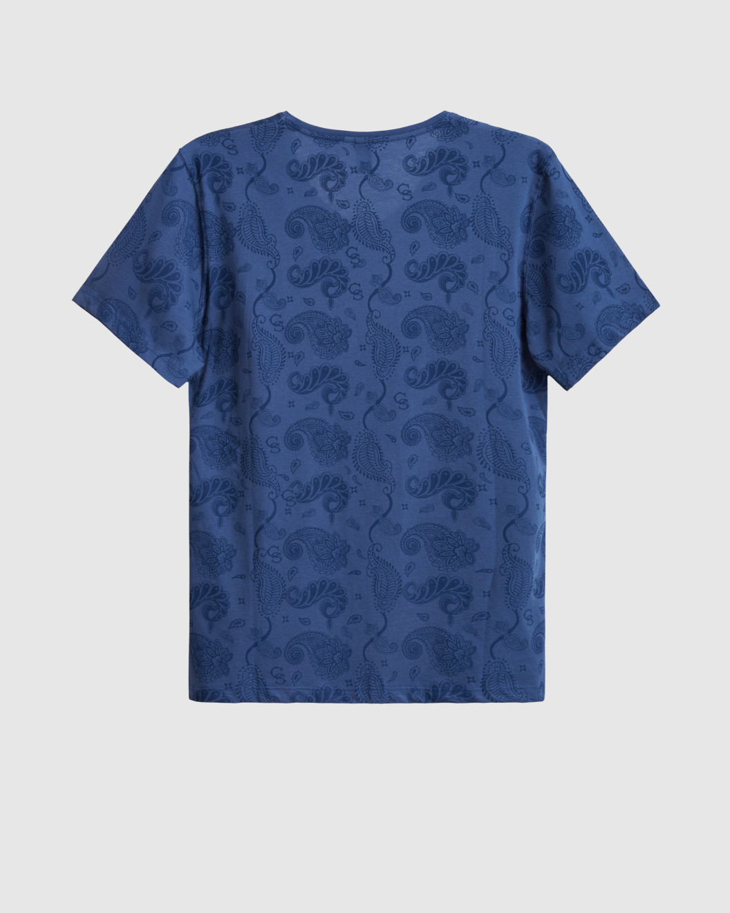 Men's Denim Blue Cotton T-Shirt, V-Neck, with Blue on Blue Paisley Design Print