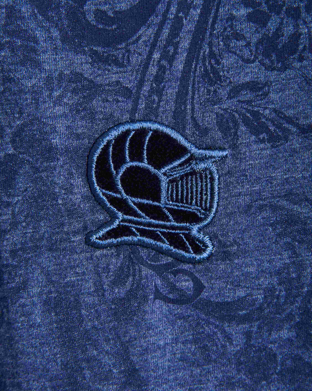 Men's Night Blue Melange Crew Neck T-Shirt, Barouque Print & Velvet Applique Logo