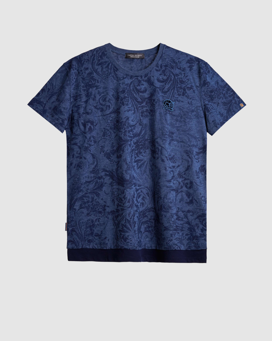 Men's Night Blue Melange Crew Neck T-Shirt, Barouque Print & Velvet Applique Logo