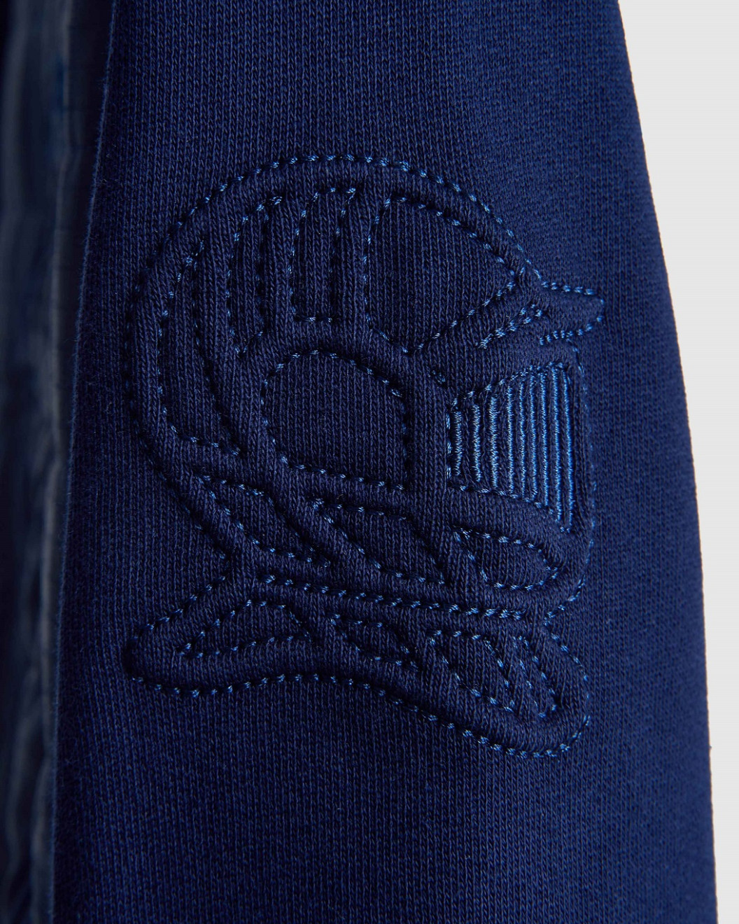 Men's Navy Cotton Loop-Back Sweatshirt, Quilted Micro-Leather, Velvet Applique Embroidery