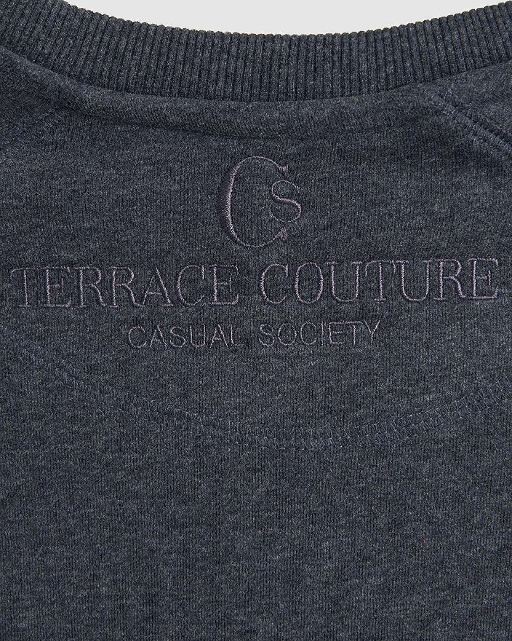 Men's Grey Loop-Back Cotton Sweatshirt, with Embossed Casual Society Micro-Leather & Velvet Embroidery