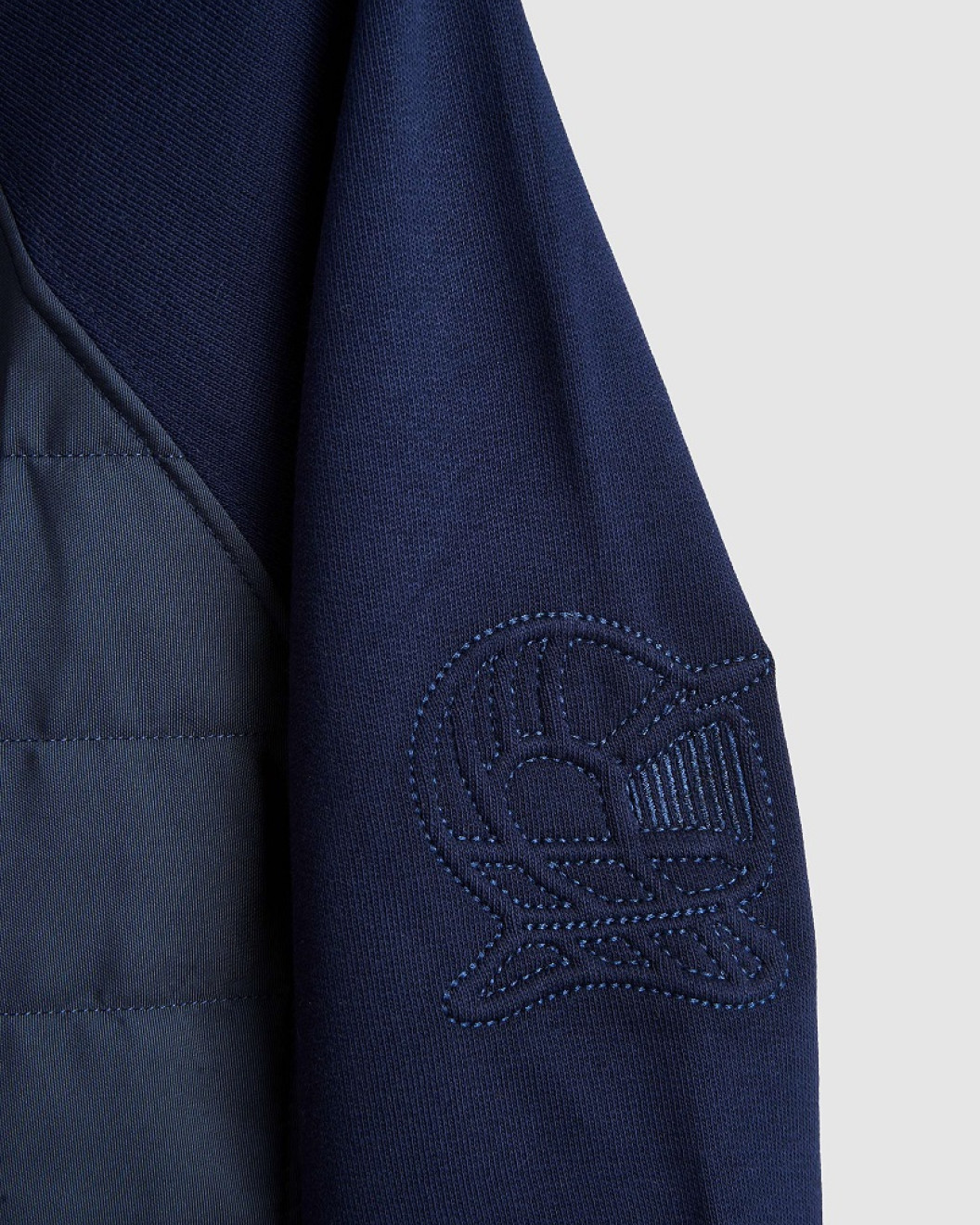 Men's Navy Loop-Back Cotton Sweatshirt, with Quilted Micro Leather and Velvet Applique Embroidery