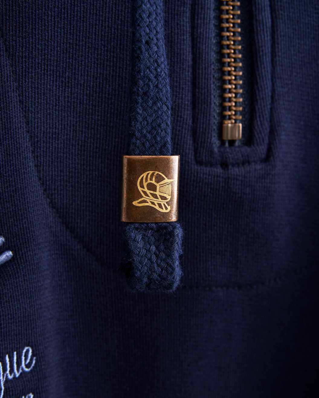 Men's Navy Loop-Back Cotton Sweatshirt Hoodie with Micro-Leather Embossed Applique Embroidery