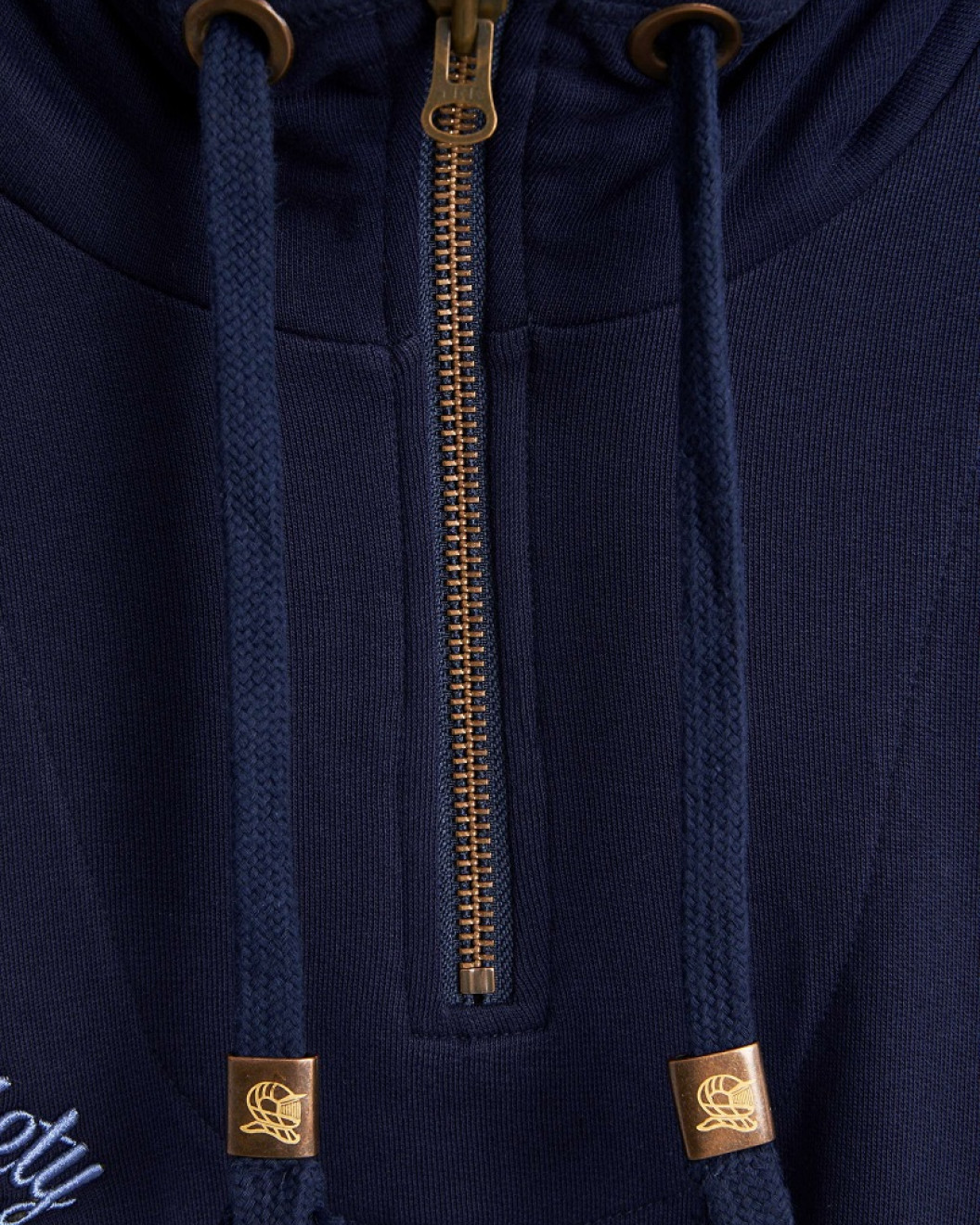 Men's Navy Loop-Back Cotton Sweatshirt Hoodie with Micro-Leather Embossed Applique Embroidery