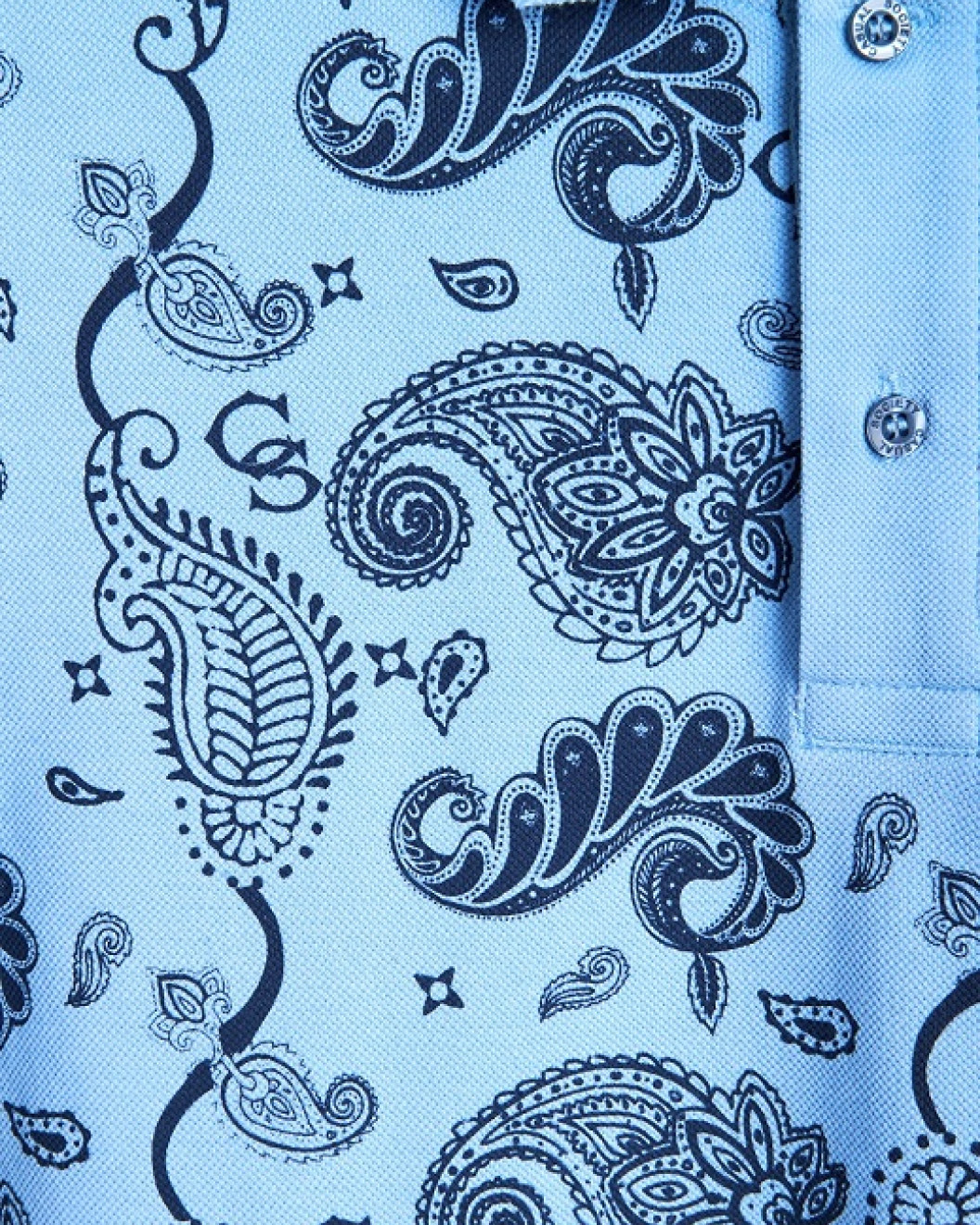 Men's Baby Blue Pique Polo, with Soho 1964 all-over Paisley Print