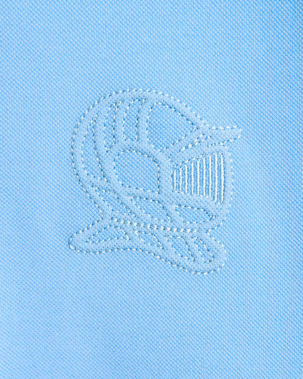 Men's White Pique Polo, with Baby Blue and Iris Blue Panels and Casual Society Logo