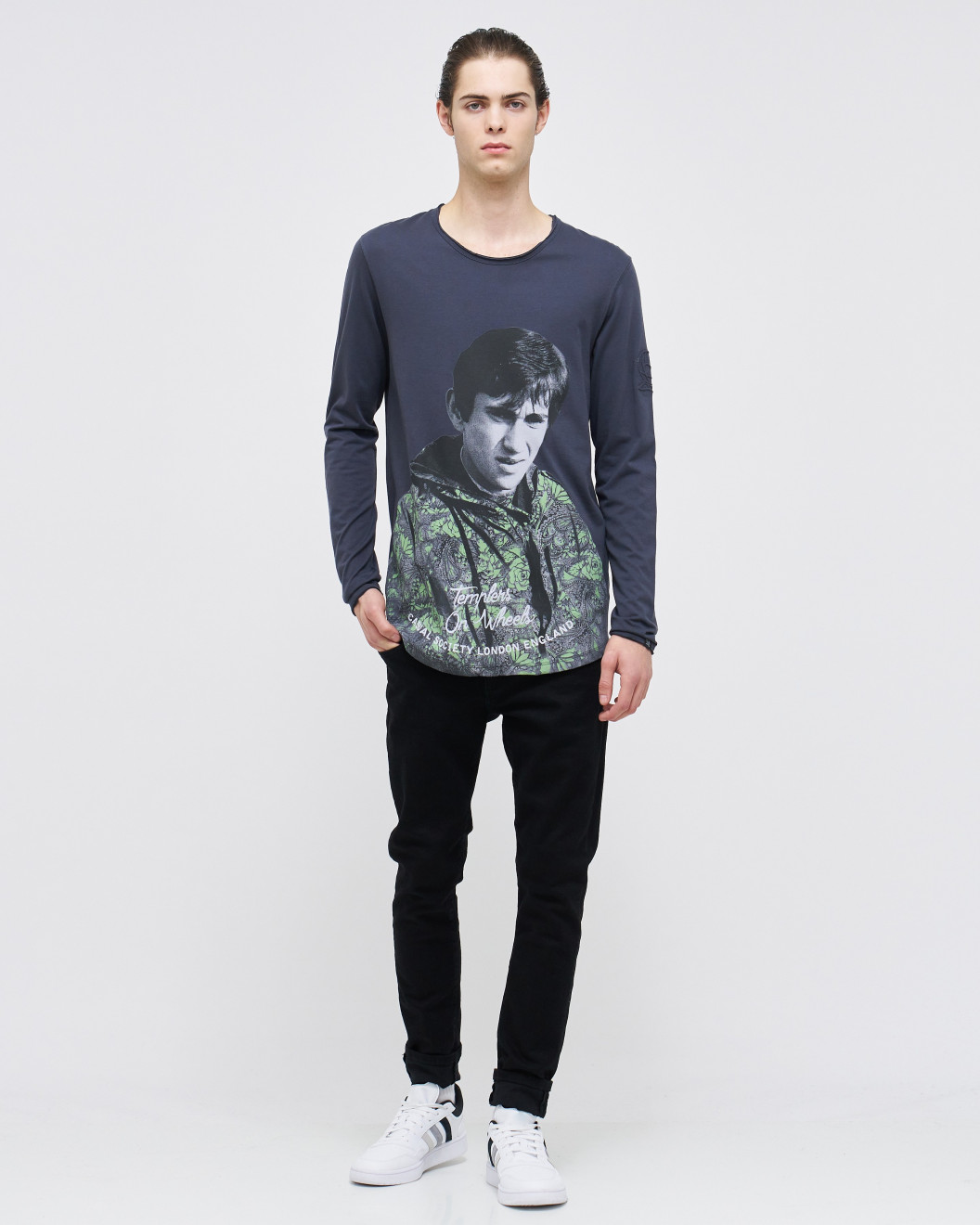 Men's Anthracite Grey, Melange Henley Shirt, with Jimmy Quadrophenia, Paisley Parka in Flock Print