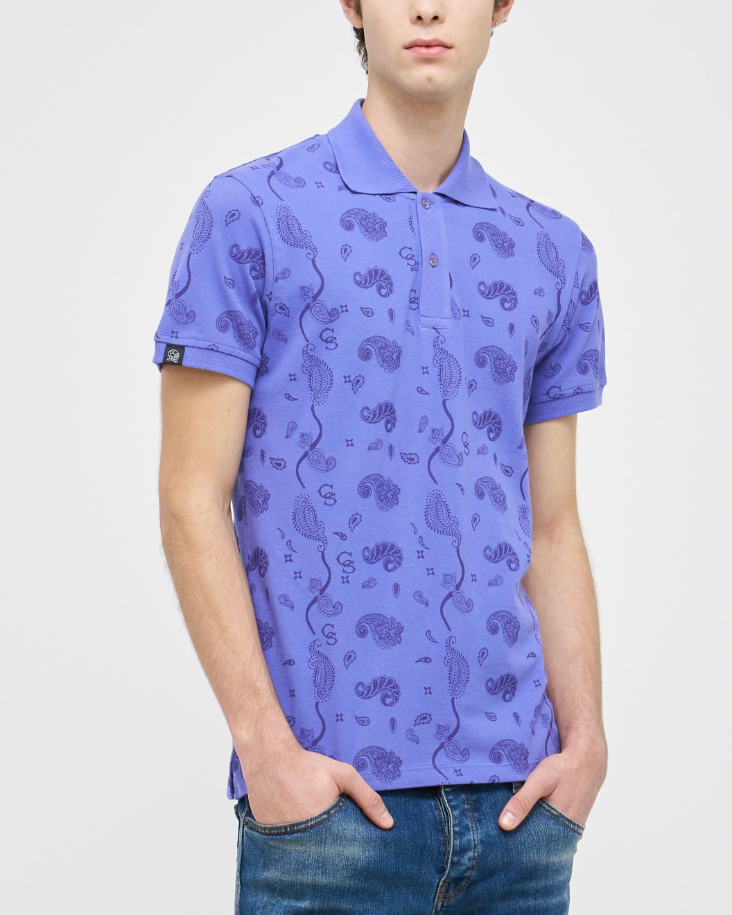 Men's Blue Pique Polo, with Soho 1964 all-over Paisley Print