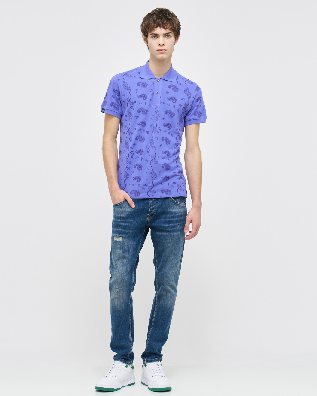 Men's Blue Pique Polo, with Soho 1964 all-over Paisley Print