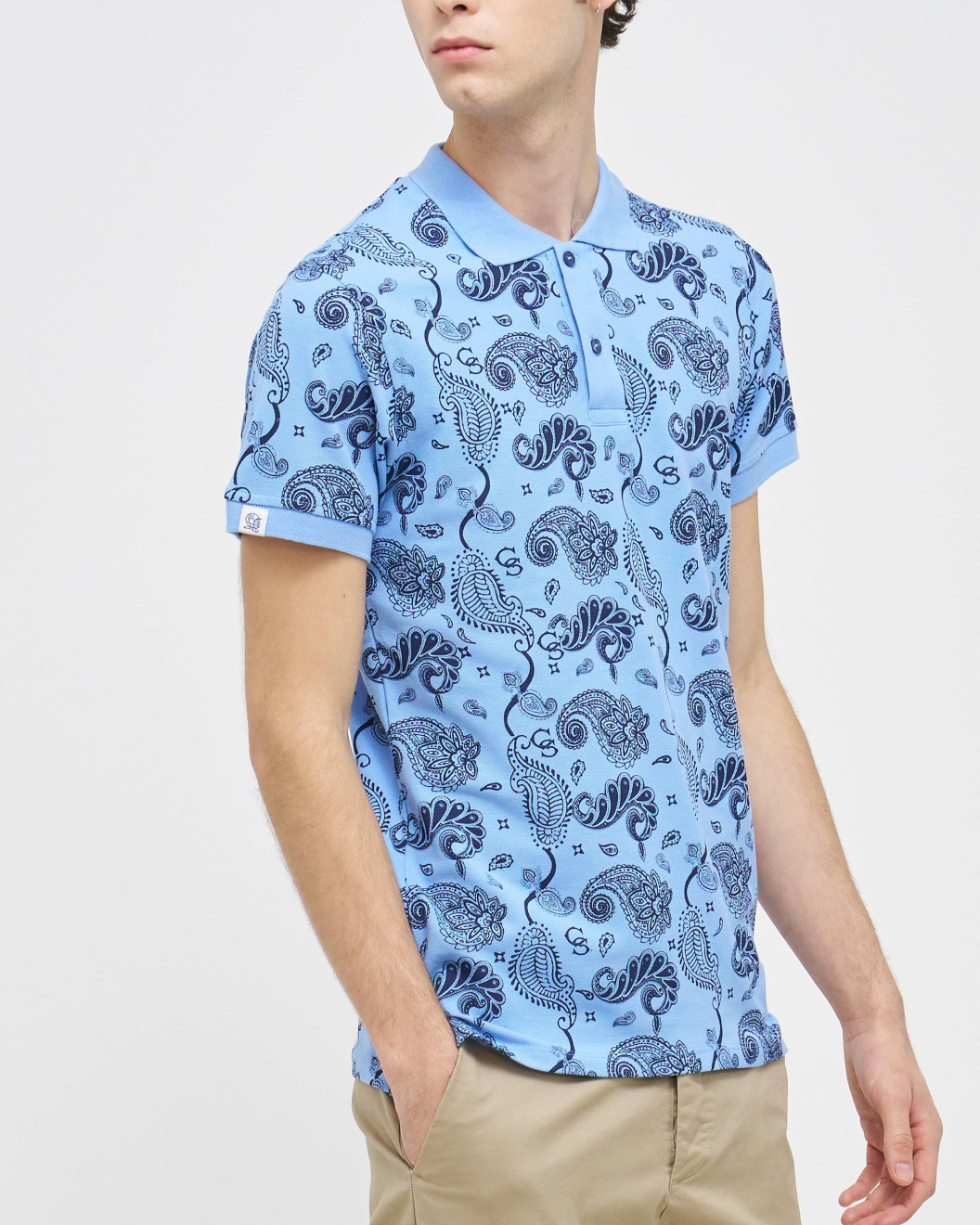 Men's Baby Blue Pique Polo, with Soho 1964 all-over Paisley Print