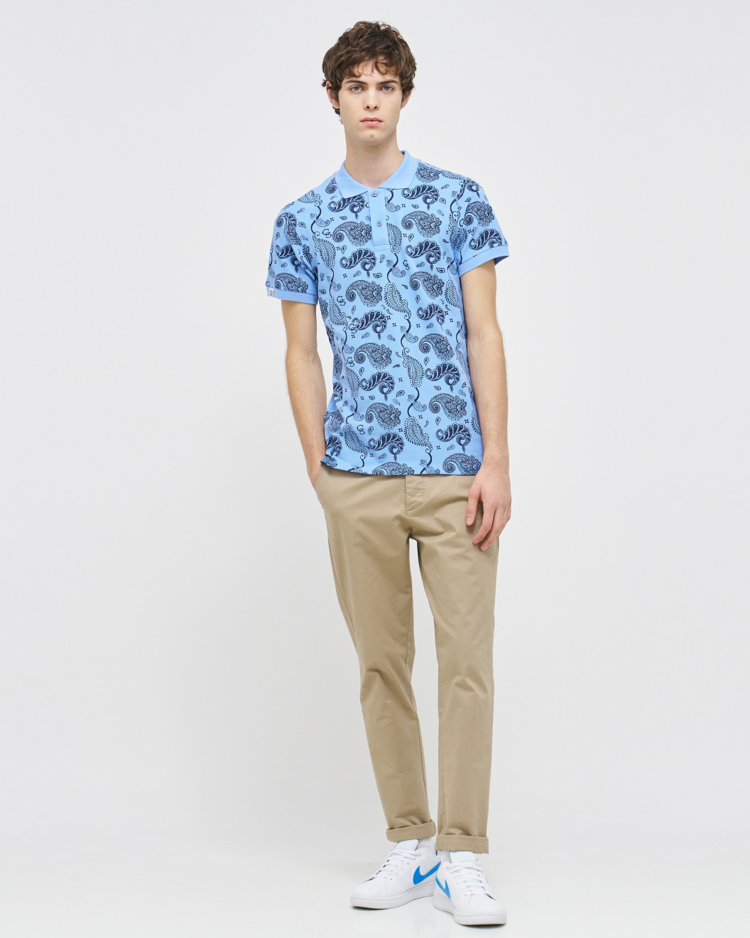 Men's Baby Blue Pique Polo, with Soho 1964 all-over Paisley Print