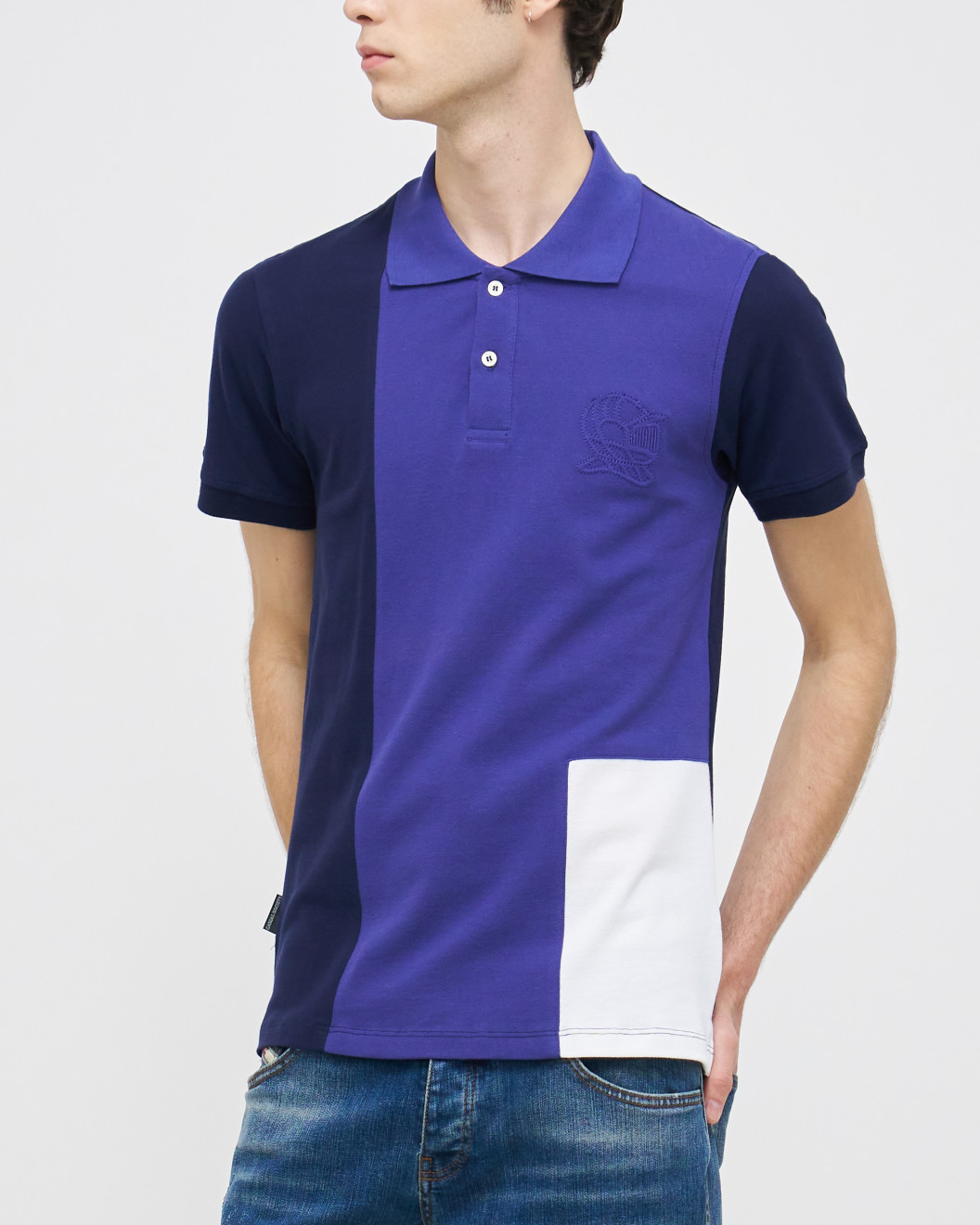 Men's Iris Blue Polo, with Navy Panel Tailoring and Casual Society Logo