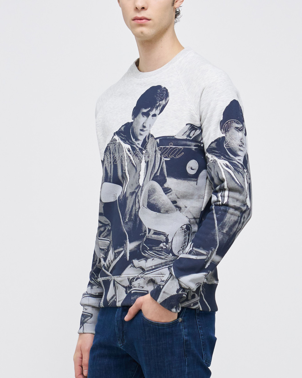 Men's Grey Loop-Back Sweatshirt with Quadrophenia Print and Embossed Velvet Embroidery