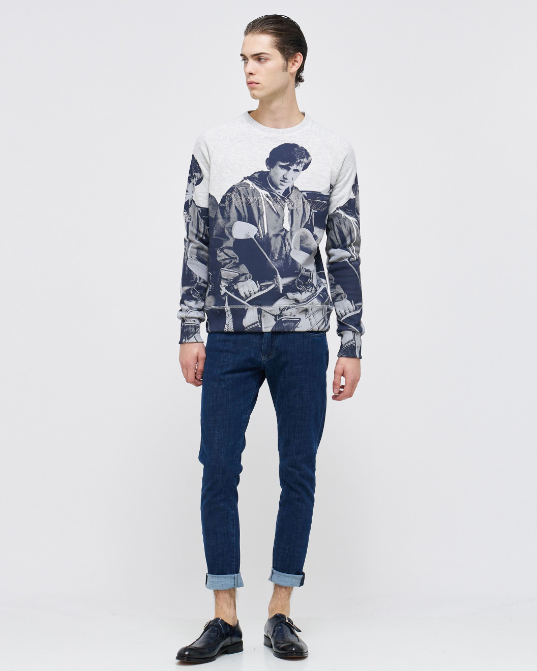 Men's Grey Loop-Back Sweatshirt with Quadrophenia Print and Embossed Velvet Embroidery