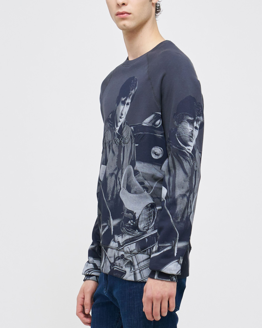 Men's Grey Melange Loop-Back Sweatshirt, Quadrophenia Print and Embossed Velvet Embroidery